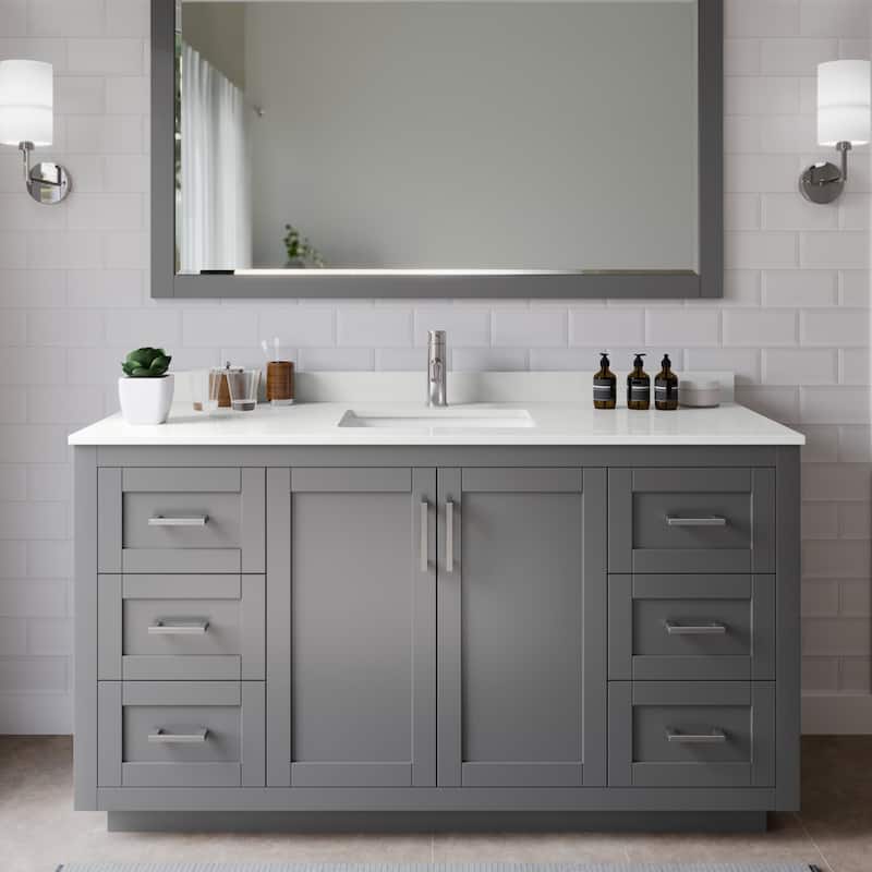 Wyndham Collection WCF292960S-QTZ-UNSMXX Miranda 60" Free Standing - Dark Gray / White Quartz Top / Brushed Nickel