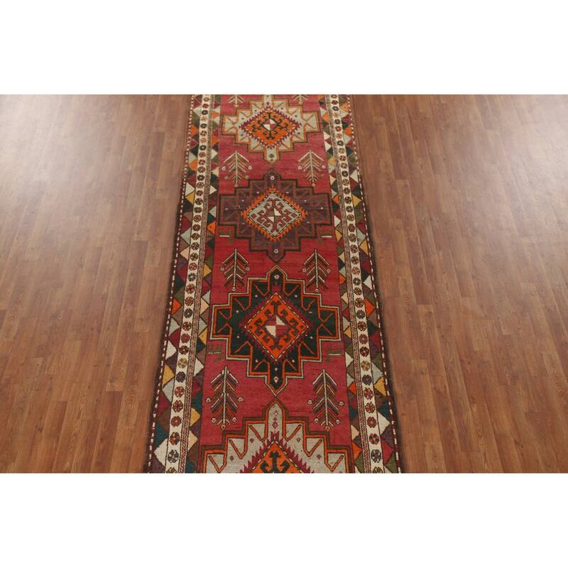 Hamedan Persian Vintage Runner Rug Handmade Wool Carpet - 3'10"x 11'9"