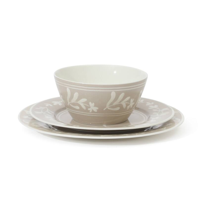 Martha Stewart Maiden Crown 12-Piece Dinnerware Set - Vegan Bone China Ceramic Plates & Bowls - Floral Design - Service for 4