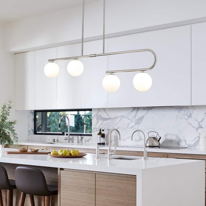 4-Light Modern Hanging Island Linear Chandelier Lighting Fixture with Glass Shade for Kitchen Foyer Dining Room