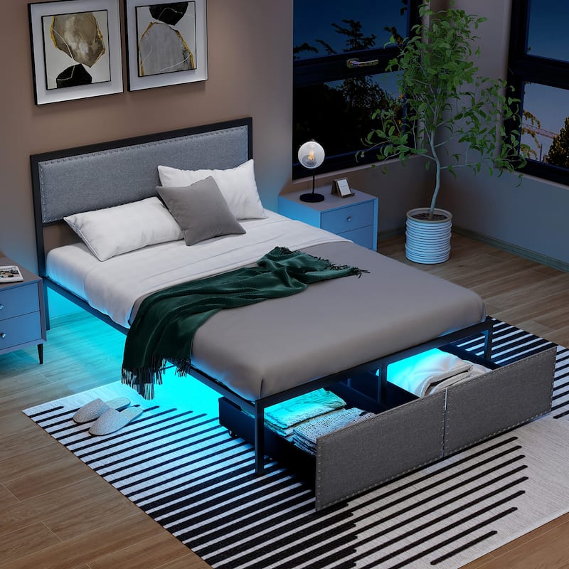 Gymax Full Size Bed Frame w/ 2 Storage Drawers LED Lights Slats