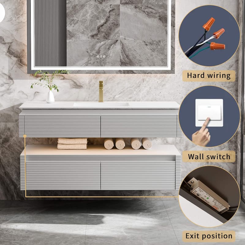 Modland 48" Modern Wall-Mounted Single Sink Bathroom Vanity with Engineered Stone Countertop,Soft-Close Drawers