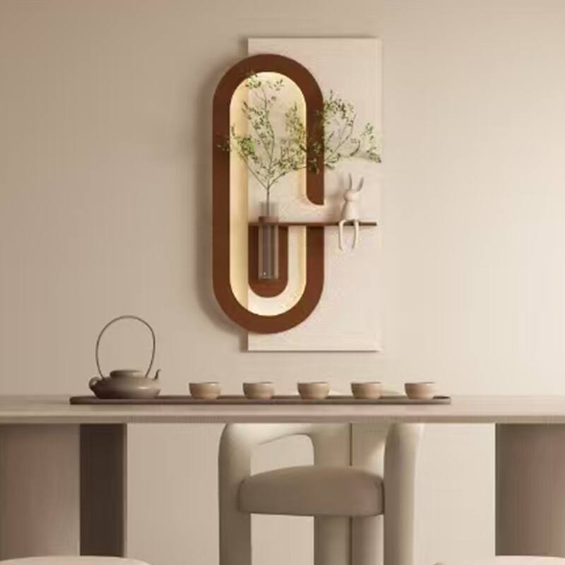 Adjustable 3-Color LED Sandstone Wall Decor with Simulated Green Plants - 3D Art Sculpture, Glass Vase & Rabbit Statue - Light Coffee