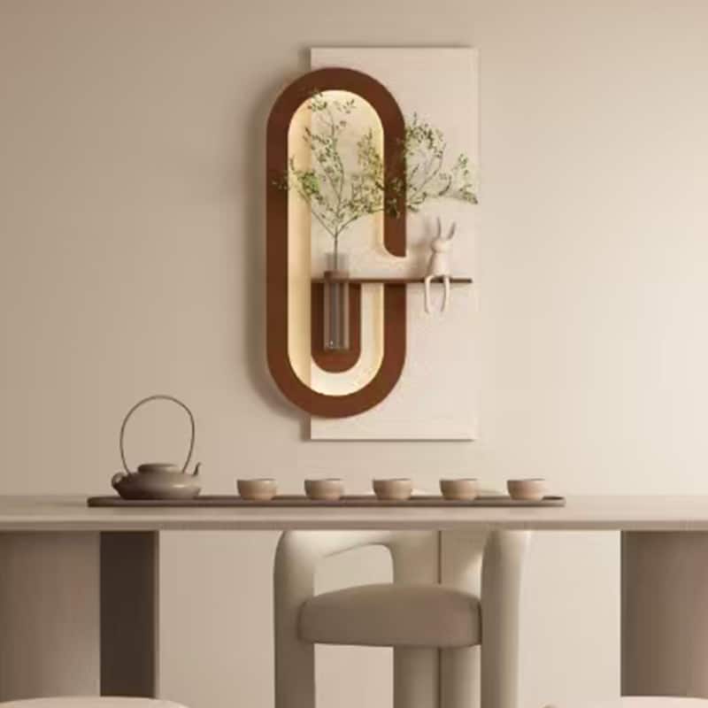 Roomfitters LED Sandstone Wall Art with 3D Vase, 3 Color Light Strip & Fake Rabbit Statue for Living Room, Light Coffee