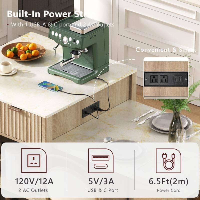82.6" Fluted Kitchen Island with Extendable Dining Table and Power Outlet for Modern Kitchen Spaces