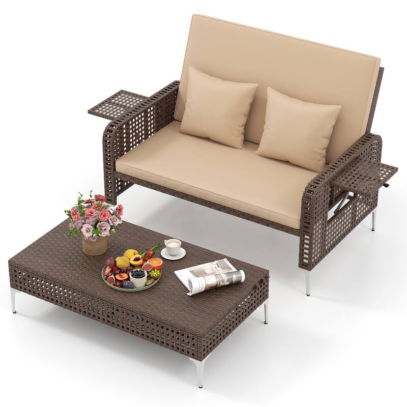 Gymax 2PCS Wicker Loveseat & Storage Ottoman w/ 4-Level Backrest &