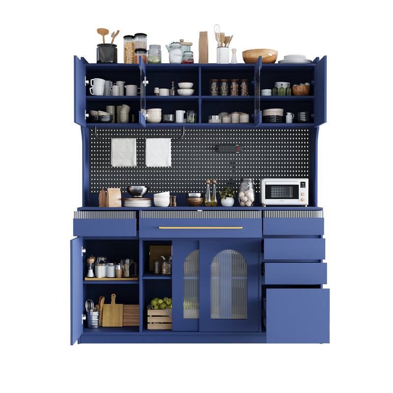 Freestanding 63" W Buffet with Hutch, Large Coffee Bar Storage Cabinet with 6 Drawers, 5 Cabinets with Adjustable Shelves