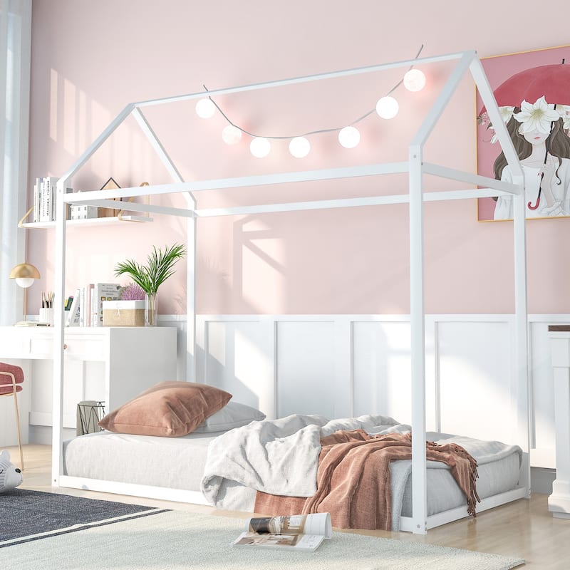 Twin Size Metal House Frame Platform Bed with Floor for Kids, Boys and Girls