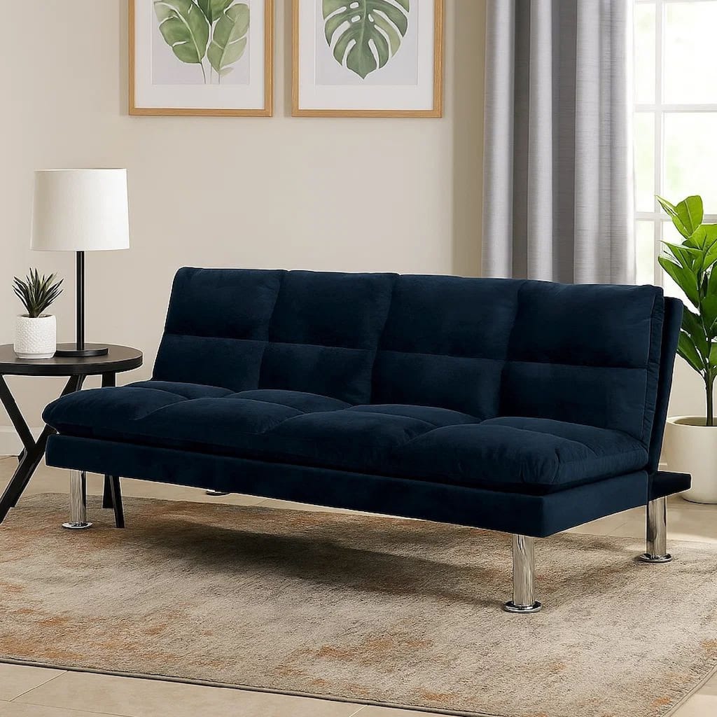 Futon Sofa with Tufted Padded Seating and Metal Legs, Blue