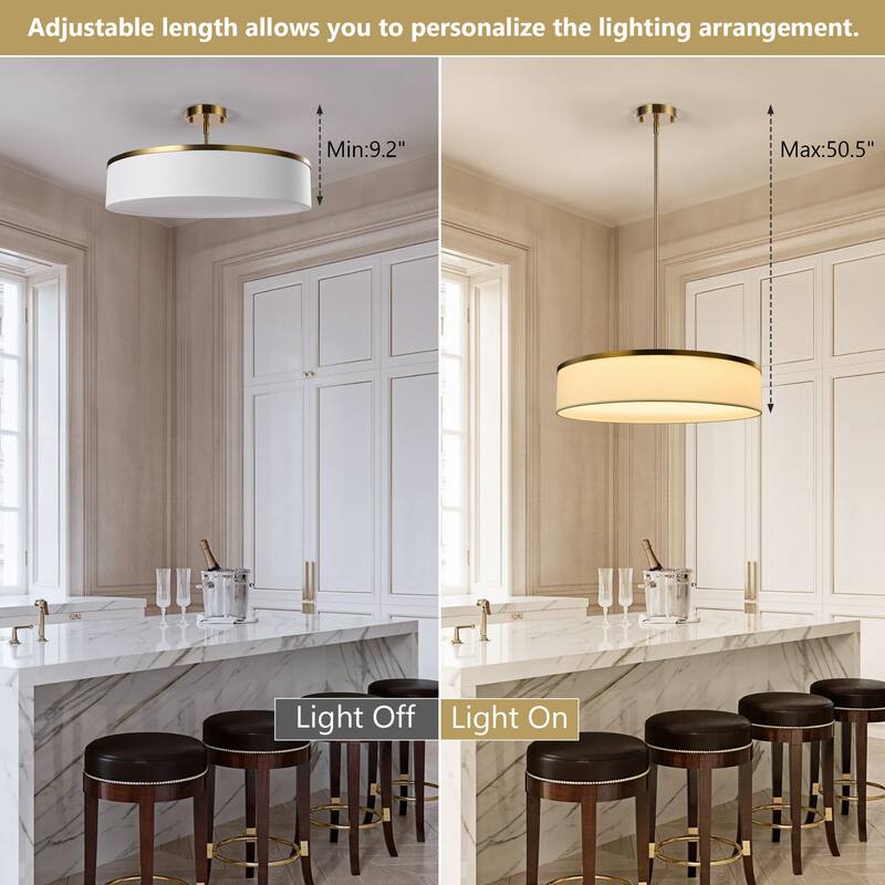 Farmhouse Drum Chandelier Integrate LED Ceiling Pendant w Fabric Shade