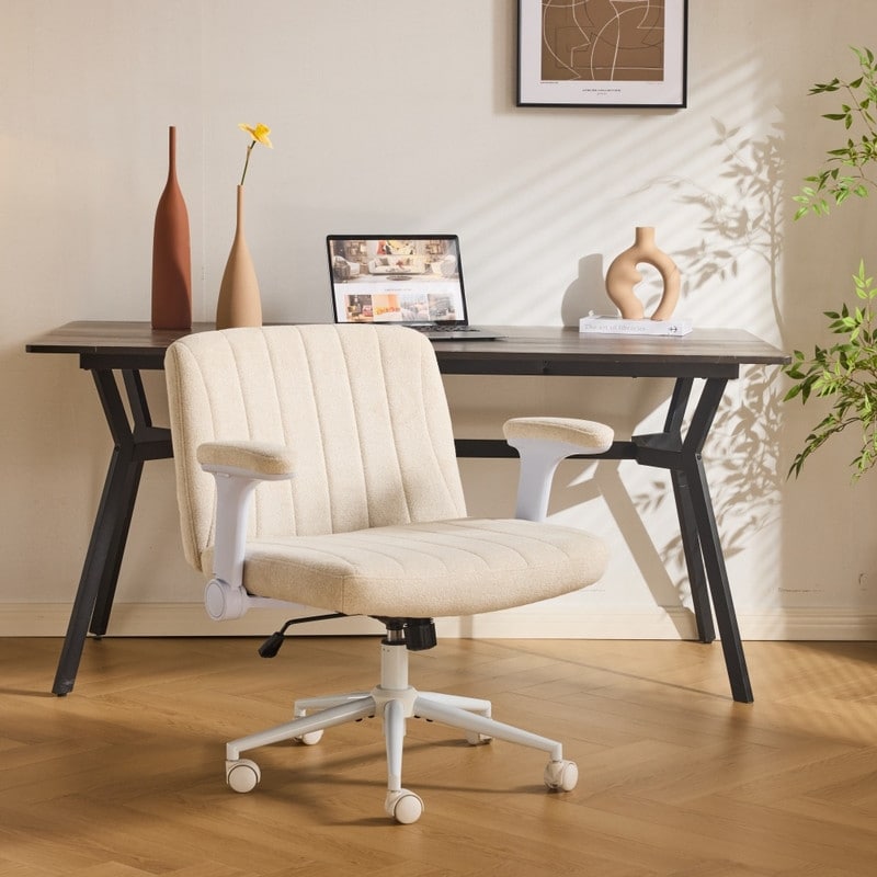 Chenille Swivel Chair With Adjustable Flip-Up Arms For Cross-Legged