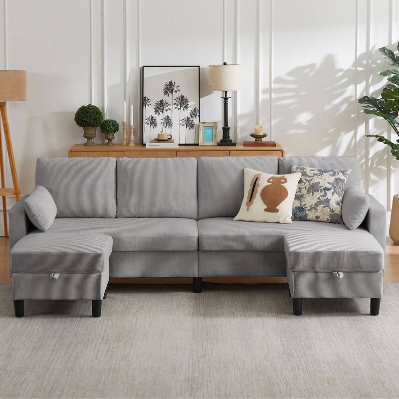 101" Corduroy U Shaped Sectional Sofa with Storage Ottoman - Light Grey - U Shaped