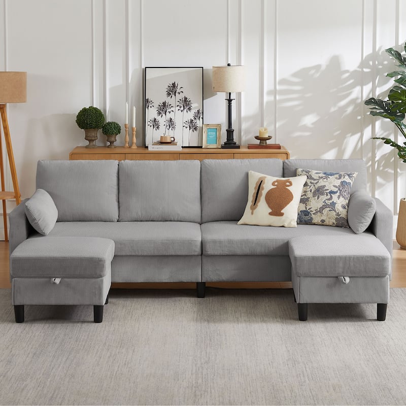 101'' Corduroy Upholstered Sectional Sofa With Storage Ottoman - Light Grey - U Shaped