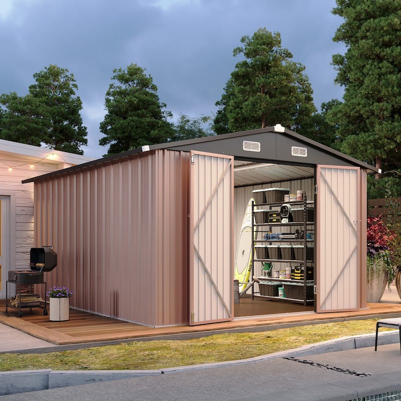 AOXUN Outdoor Storage Shed with Lockable Doors and Air Vents for Garden - 10'x12' - With Floor