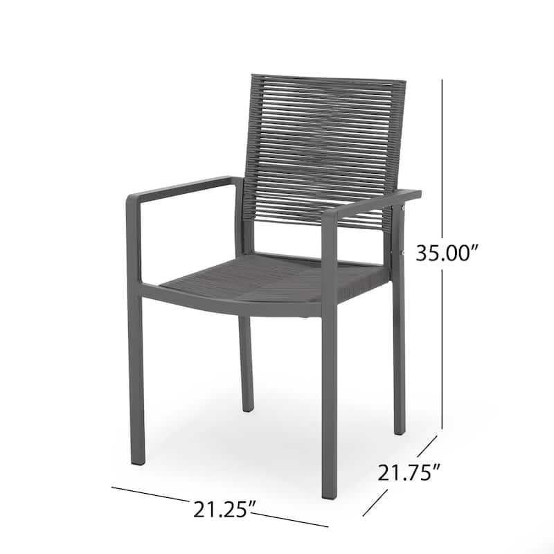 Teny Outdoor Dining Chair Set of 2, Open Back, Woven Rope, Dark Gray Metal