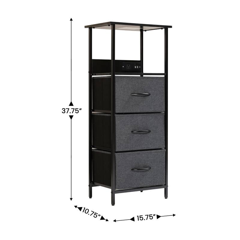 3 Fabric Drawer Nightstand with 2 USB Port/1 Outlet Charging Station