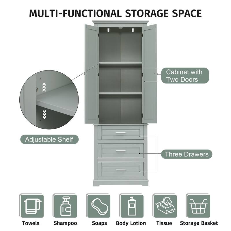 Tall Storage Cabinet with 3 Drawers, Bathroom & Office Organizer with Adjustable Shelves