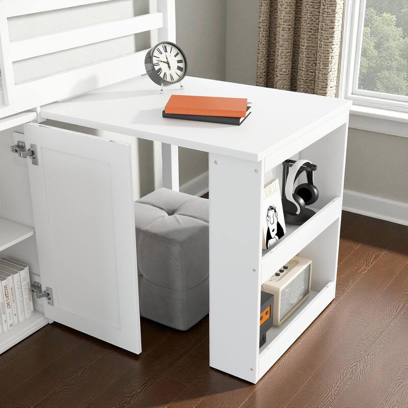 Twin Size Rubber Wood Loft Bed with Pull-Out Desk, Storage Cabinets, Drawers and Shelves, Safety Guardrail and Ladder