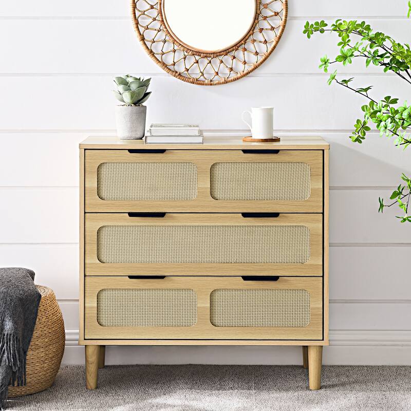 Modern Rattan Dresser Farmhouse Wooden Storage Cabinet with 3 Wide Drawers and Metal Handles, for Room Living Room Hallway - Beige
