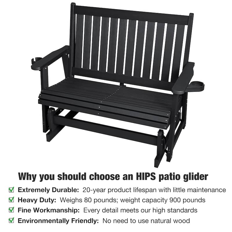 HIPS Patio Glider 2-Seat with Cup Holders, Heavy Duty 900 LB, All-Weather Resistant