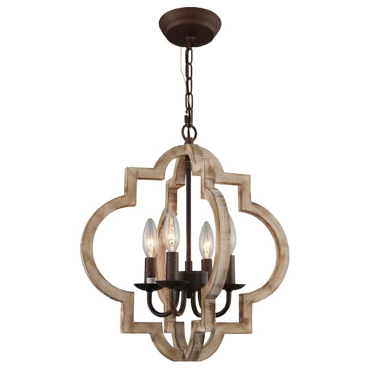4 - Light Oil Bronzed Lantern Pendant, Wood Antique Medieval Style Geometric Chandelier - Oil Bronzed