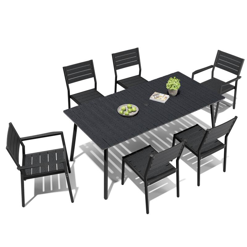Outdoor Patio Dining Set 7/9 Piece Furniture Set Aluminum Dining Table with Umbrella and Stackable Chairs - Black - Set of 7 - 70.87inches