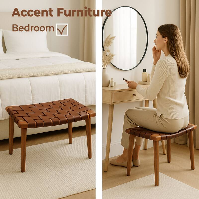 Genuine Leather Rene Stool Bench with Ash Wood Frame Seating