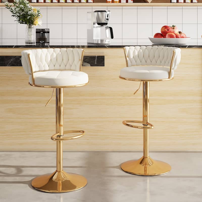 Javlergo 4 Colors Bar Stools Set of 2 Elegant Velvet Swivel Bar Stools with Adjustable Height Woven Back & Golden Base