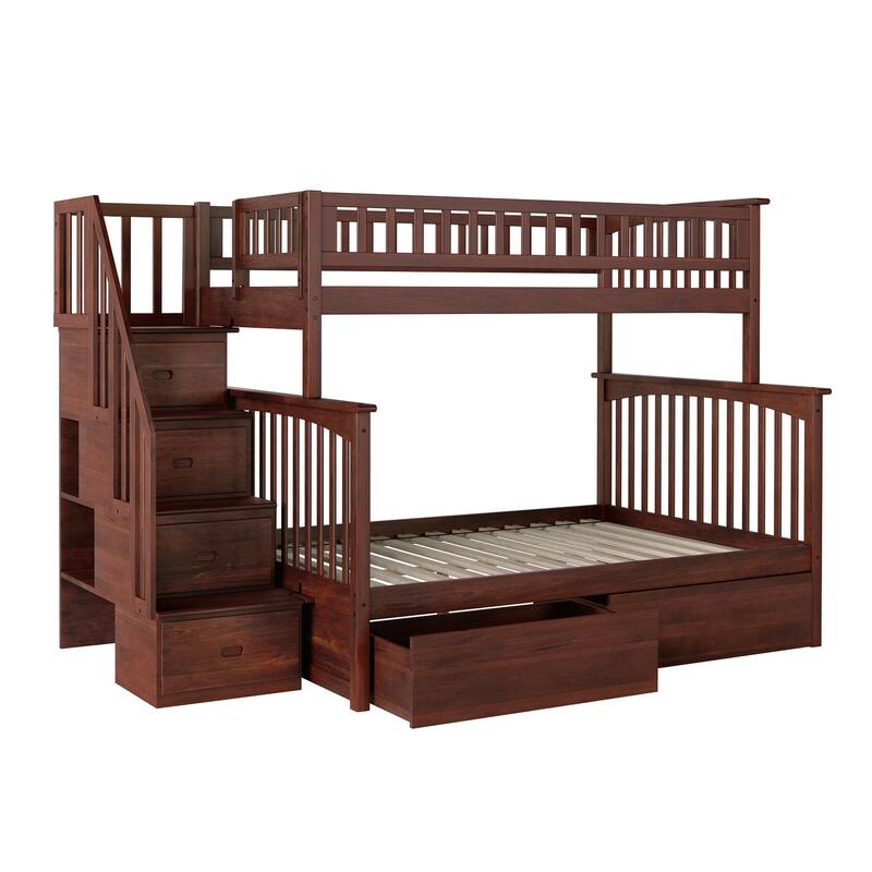 AFI Columbia Twin over Full Size Staircase Bunk Bed with Bed Drawers & Charging Station in Walnut