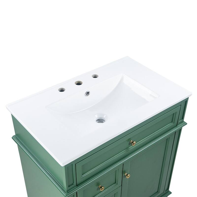 30" Bathroom Vanity with Ceramic Sink, Bathroom Vanity Cabinet with 3 Drawers, 1 Tip-out Drawer, Door Shelf & Soft Closing Door