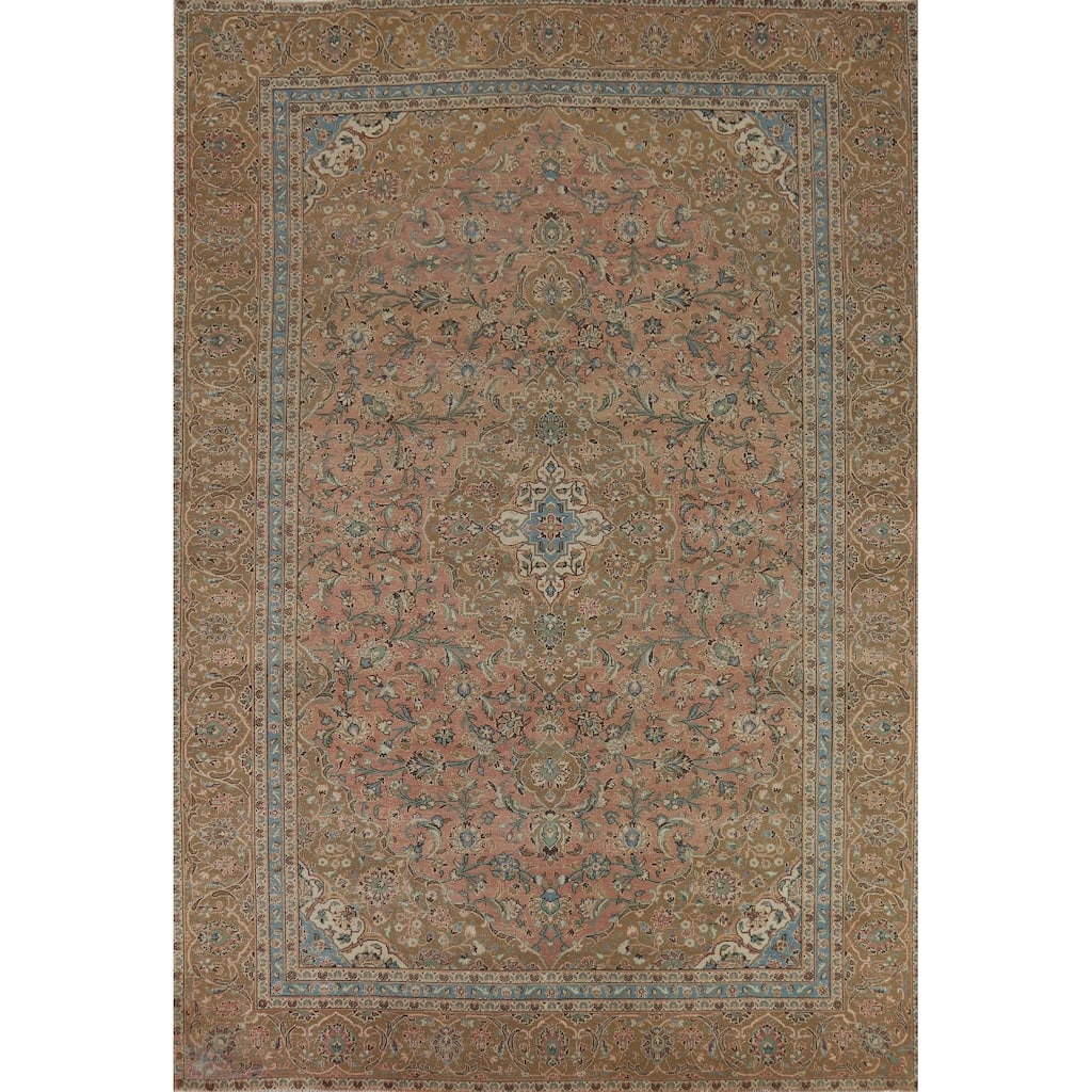Vintage Floral Mashad Persian Area Rug Hand-Knotted Wool Carpet - 8'10" x 12'8"