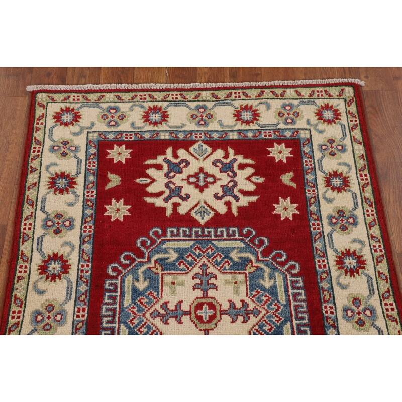 Geometric Red Kazak Rug Handmade Wool Carpet - 2'8" x 4'1"