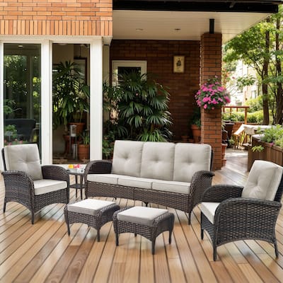 Outdoor Sofa Club Chair with Ottmans - Beige - Brown