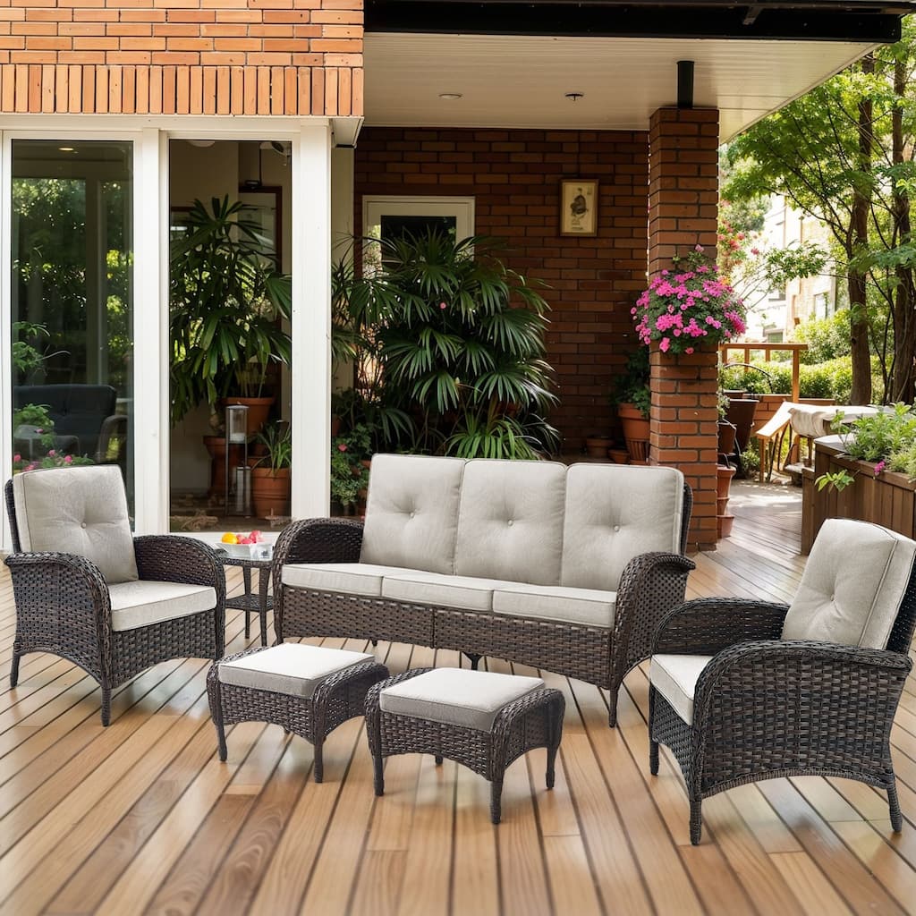Outdoor Sofa Club Chair with Ottmans - Beige - Brown