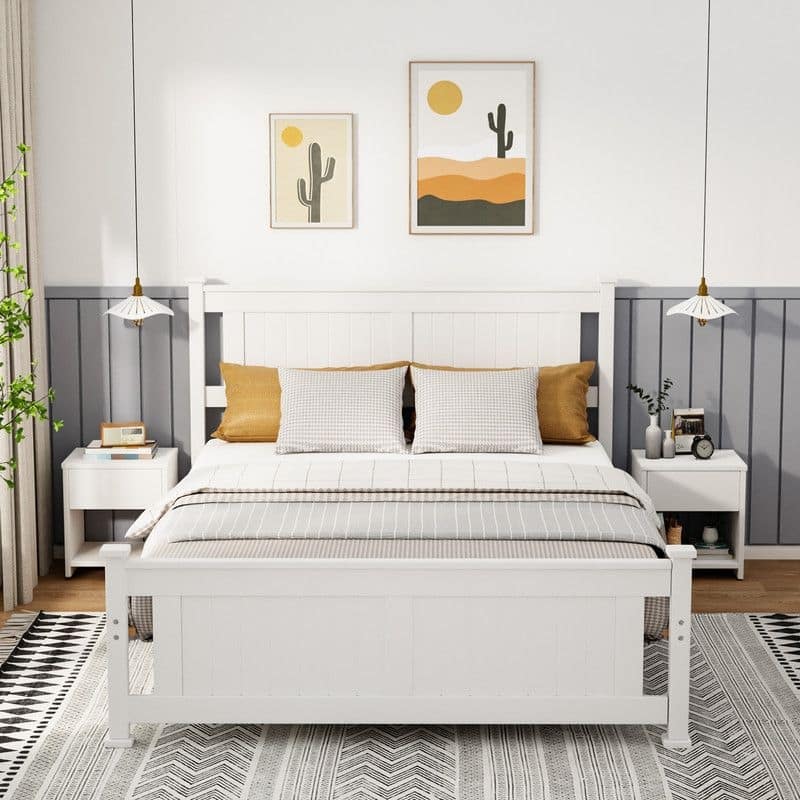Wood Bed Frame Full Size Platform Bed with Headboard White