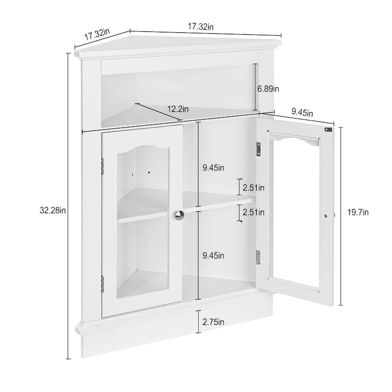 Javlergo White Triangle Corner Cabinet with Glass Doors & Adjustable Shelf Freestanding Storage Cabinet for Bathroom Living Room