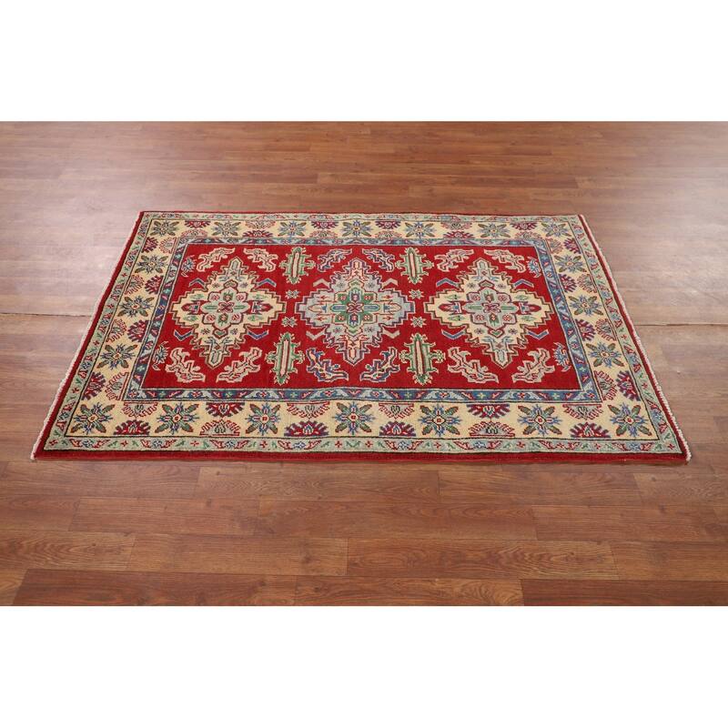 Red Geometric Kazak Foyer Rug Hand-Knotted Oriental Wool Carpet - 3'5" x 5'2"