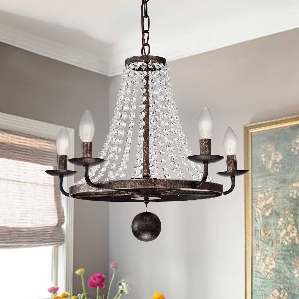 Antique Bronze 5-Light Wheel Chandelier with Crystals - Antique Bronze