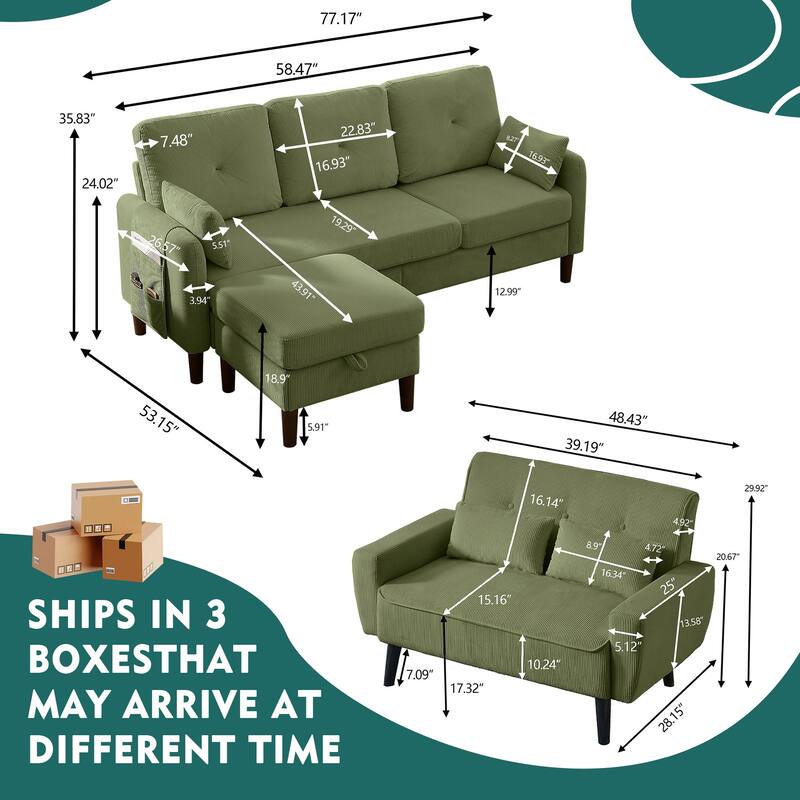 77.17" Corduroy 3 Pieces Living Room Sets with Sofa, Ottoman and Loveseat