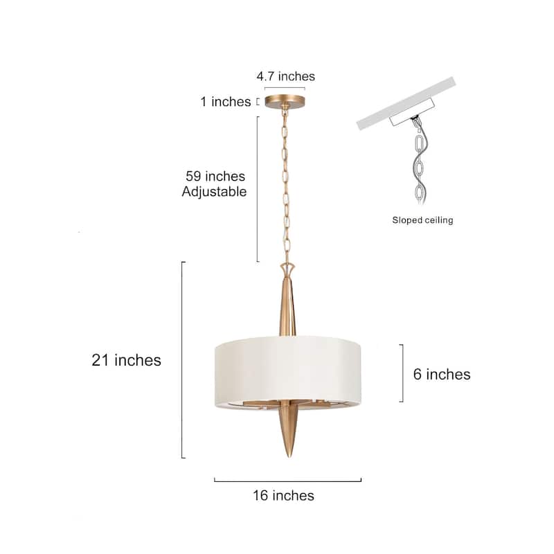 Mid-Century Modern 4-light Drum Brass Chandelier Fabric Shade Hanging Lights for Dining Room - D16" x H80"