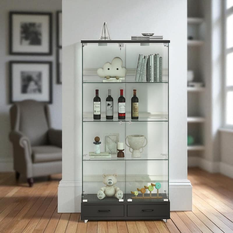 65.9" Modern Glass Display Cabinet with LED Lights, 2 Lockable Drawers & 4 Shelves, Curio Storage Case - Black