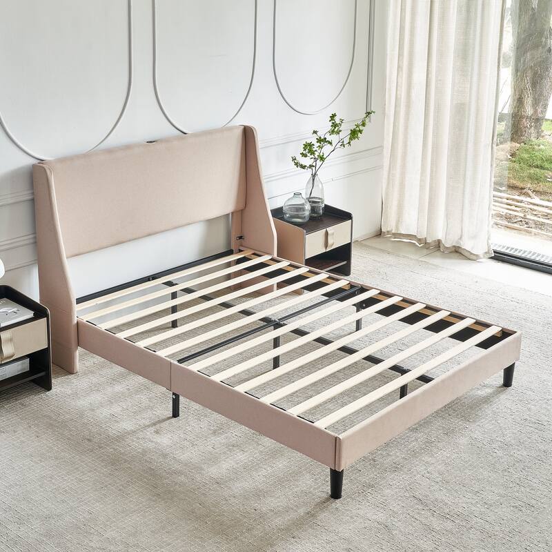VECELO Bed Frame with Upholstered Wingback Headboard,Platform Bedframe with Charging Station & Side Pockets