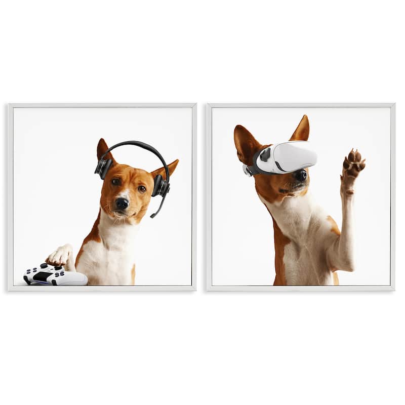Stupell Video Game Dogs with VR Framed Giclee Art Design By CAD Design (Set of 2) - 24 x 24 - White