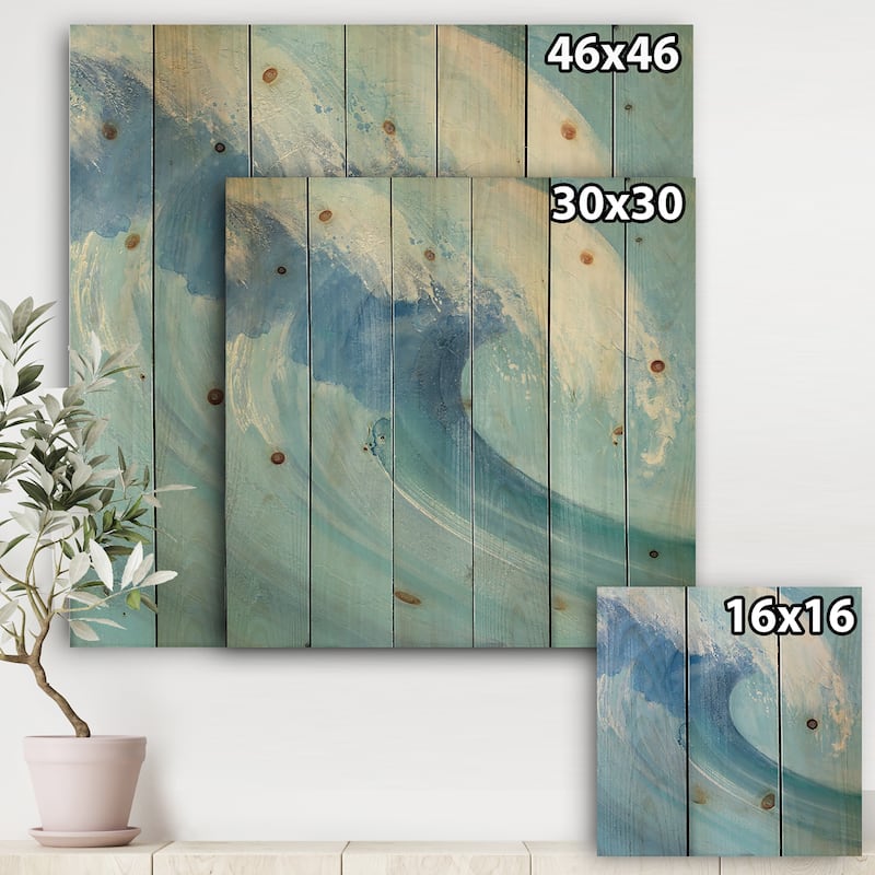 Designart 'Ocean Wave with White Foam' Nautical & Coastal Print on Natural Pine Wood - Blue