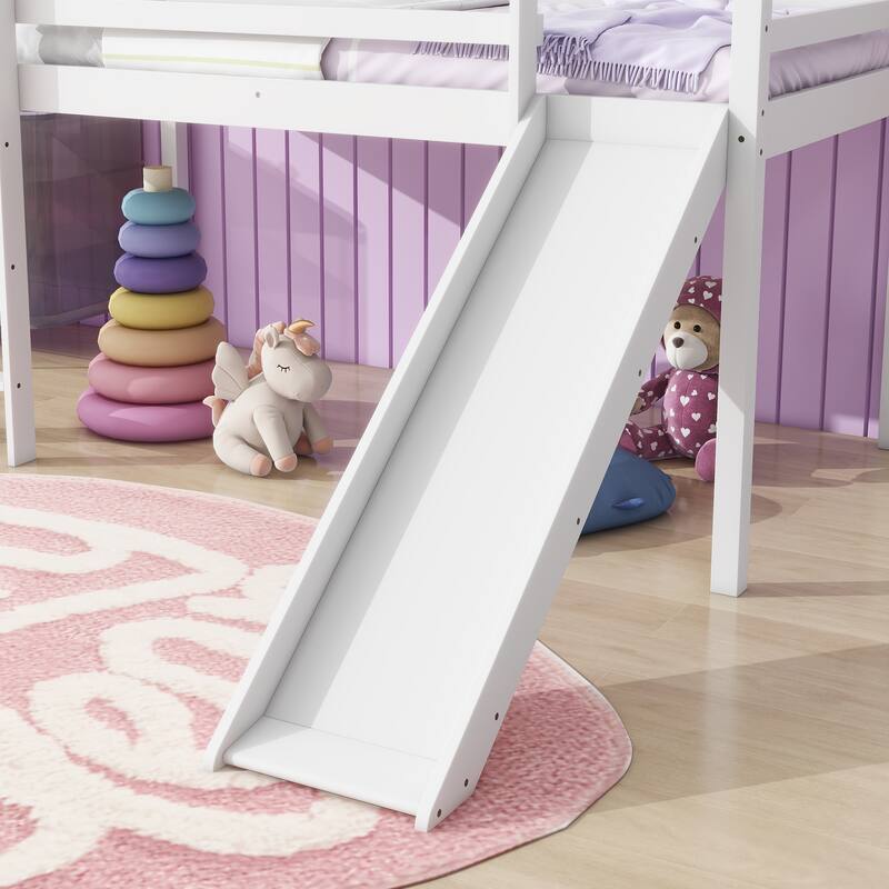 Twin Low Loft Bed with Slide, Ladder, and Storage Space, Rubber Wood Construction with High Guardrails for Safety