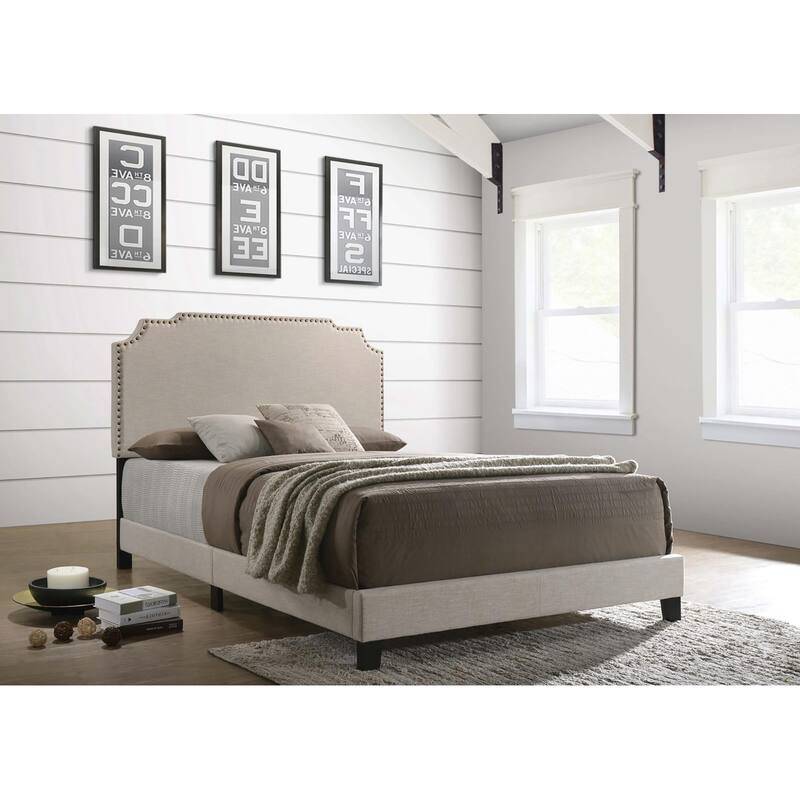 Elegant Beige Upholstered Bed with Nailhead Trim and Scalloped Headboard - Beige
