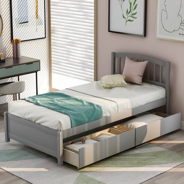 slide 2 of 11, Elevate Your Bedroom Style with Our Twin Wood Platform Bed - Featuring 2 Drawers and a Stylish Headboard - Twin Size, Gray Gray - Twin