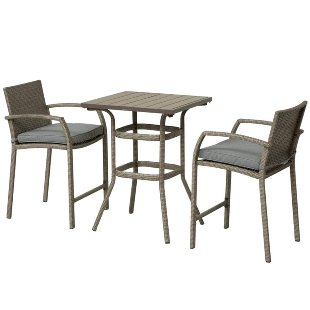 Outdoor Bar Table and Stool Set Rattan with Khaki Cushions Weather Resistant Patio Furniture - 27.5" L x 25.5" W x 35.75" H