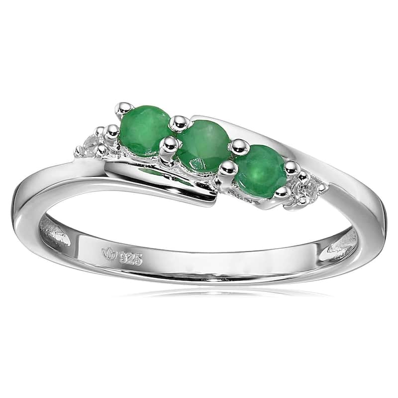 925 Sterling Silver 3 Stone Sakota Emerald, Created White Sapphire Ring