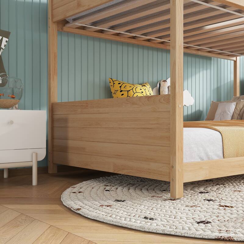 Twin Over Twin House Floor Bunk Bed with Headboards, Footboards and Guardrails, Ladder, with Safety Guardrails